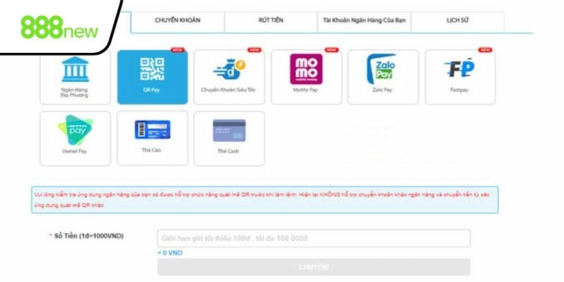 Hướng dẫn nạp tiền 888new cho từng phương thức